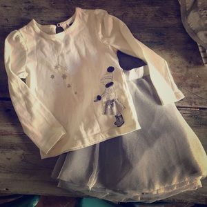 Silver tulle skirt, ivory winter girl shirt